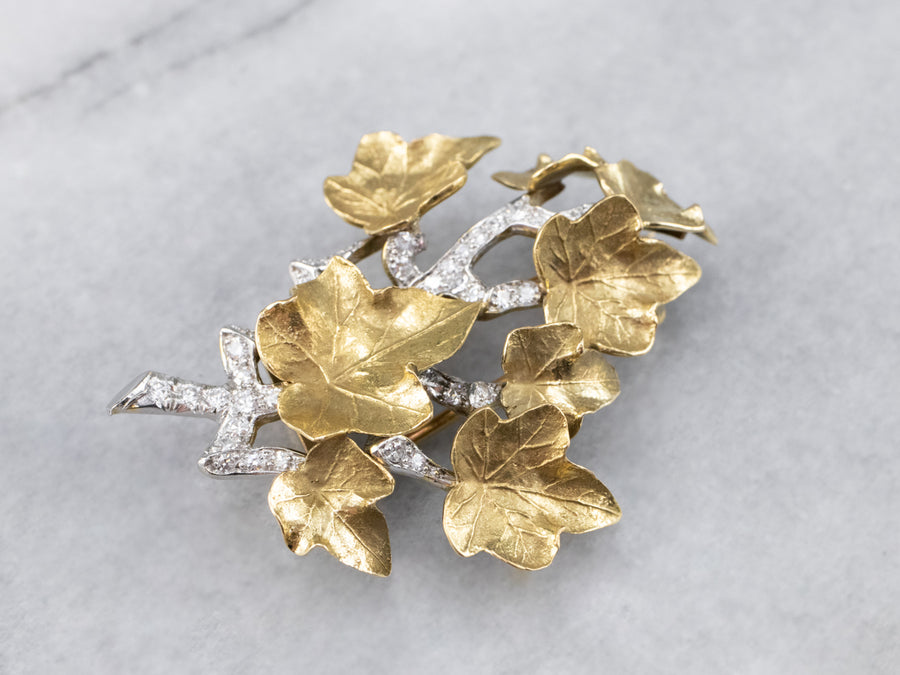 Tiffany and Company Diamond Platinum and Gold Ivy Leaf Brooch