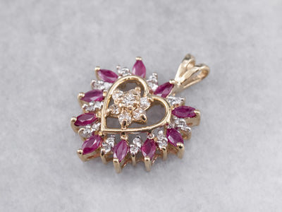 Floral Diamond and Ruby Heart Pendant