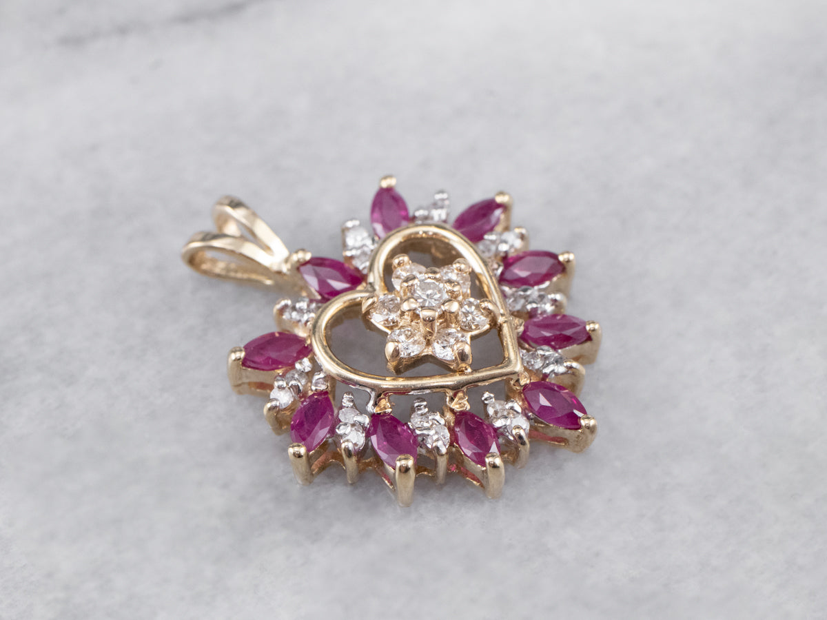 Floral Diamond and Ruby Heart Pendant