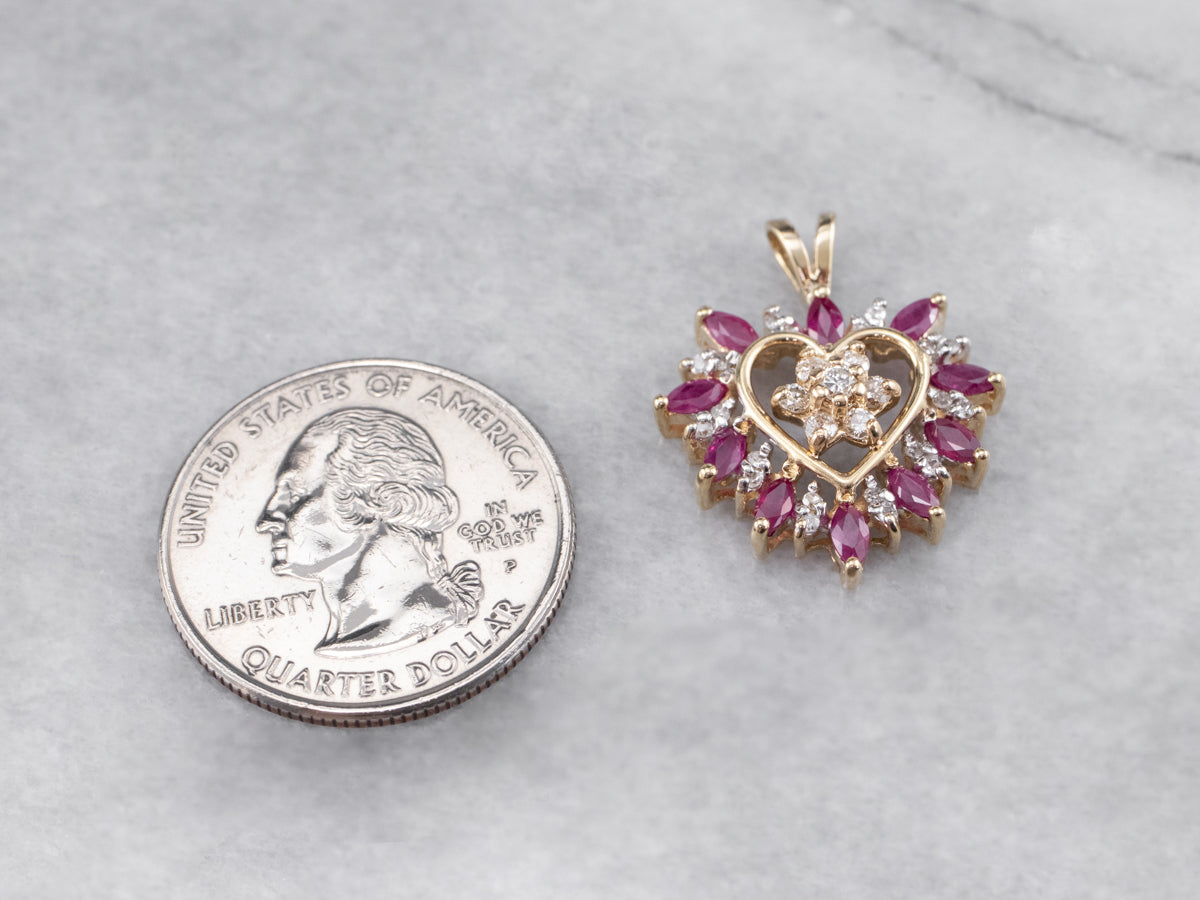 Floral Diamond and Ruby Heart Pendant
