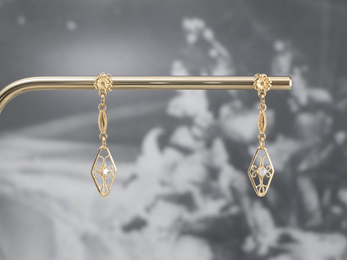 Floral Diamond Filigree Drop Earrings