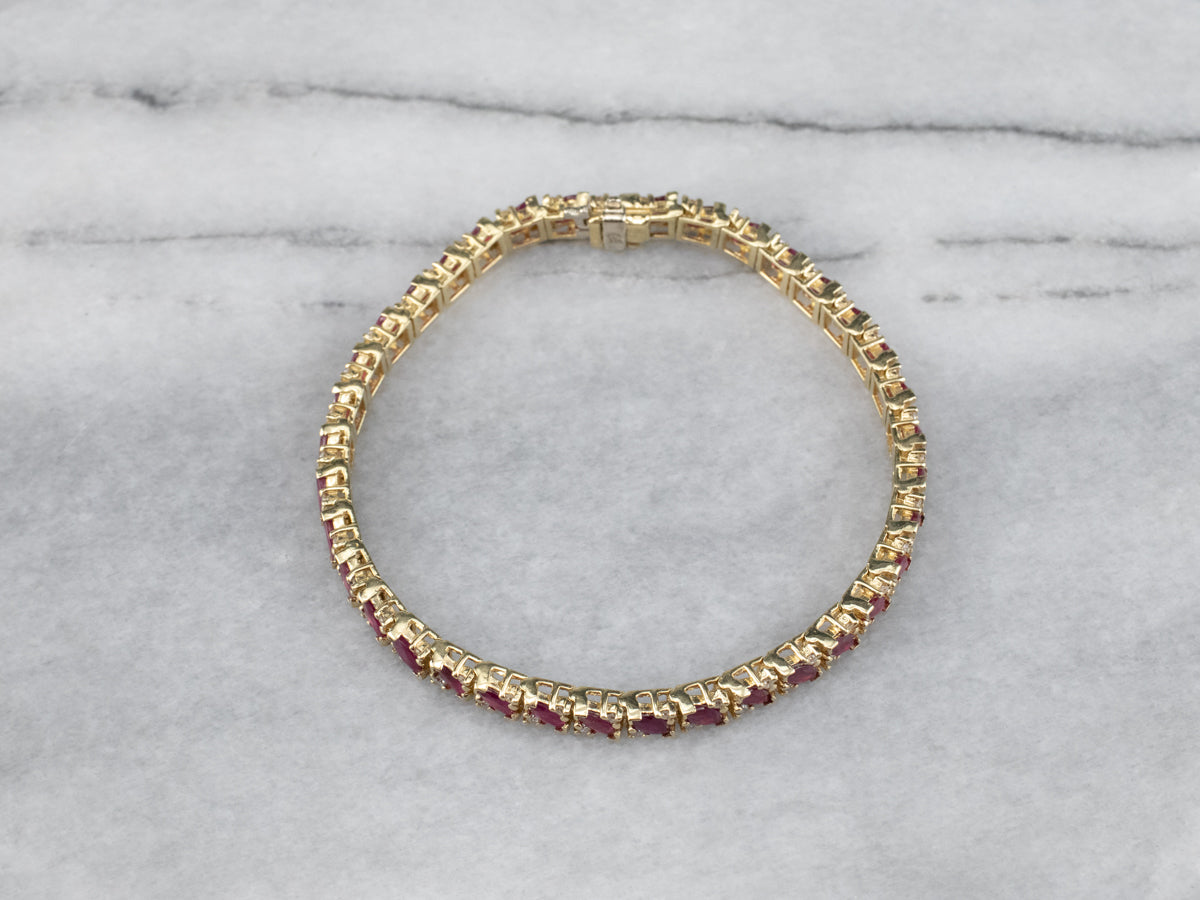 Yellow Gold Ruby & Diamond Link Bracelet 7 1/4