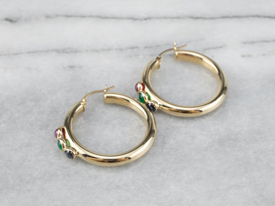 Ruby Green Onyx and Sapphire Hoop Earrings