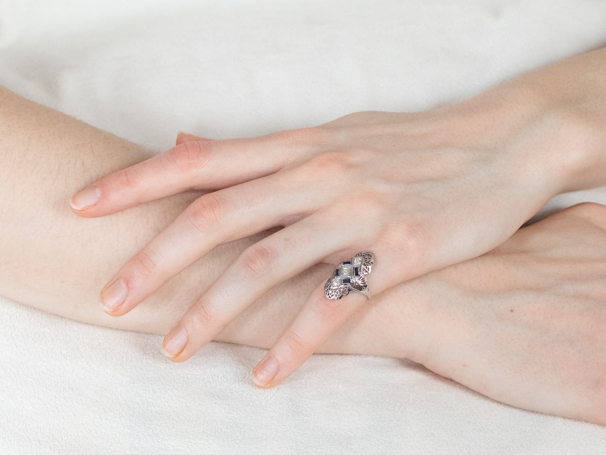 Art Deco Diamond and Synthetic Sapphire Ring