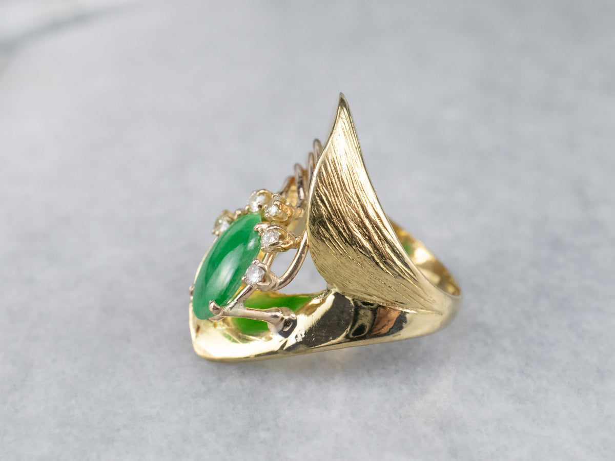 Anillo modernista de oro de 18 quilates con diamantes y jade