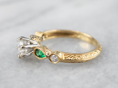 Modern Gold Diamond and Emerald Engagement Ring