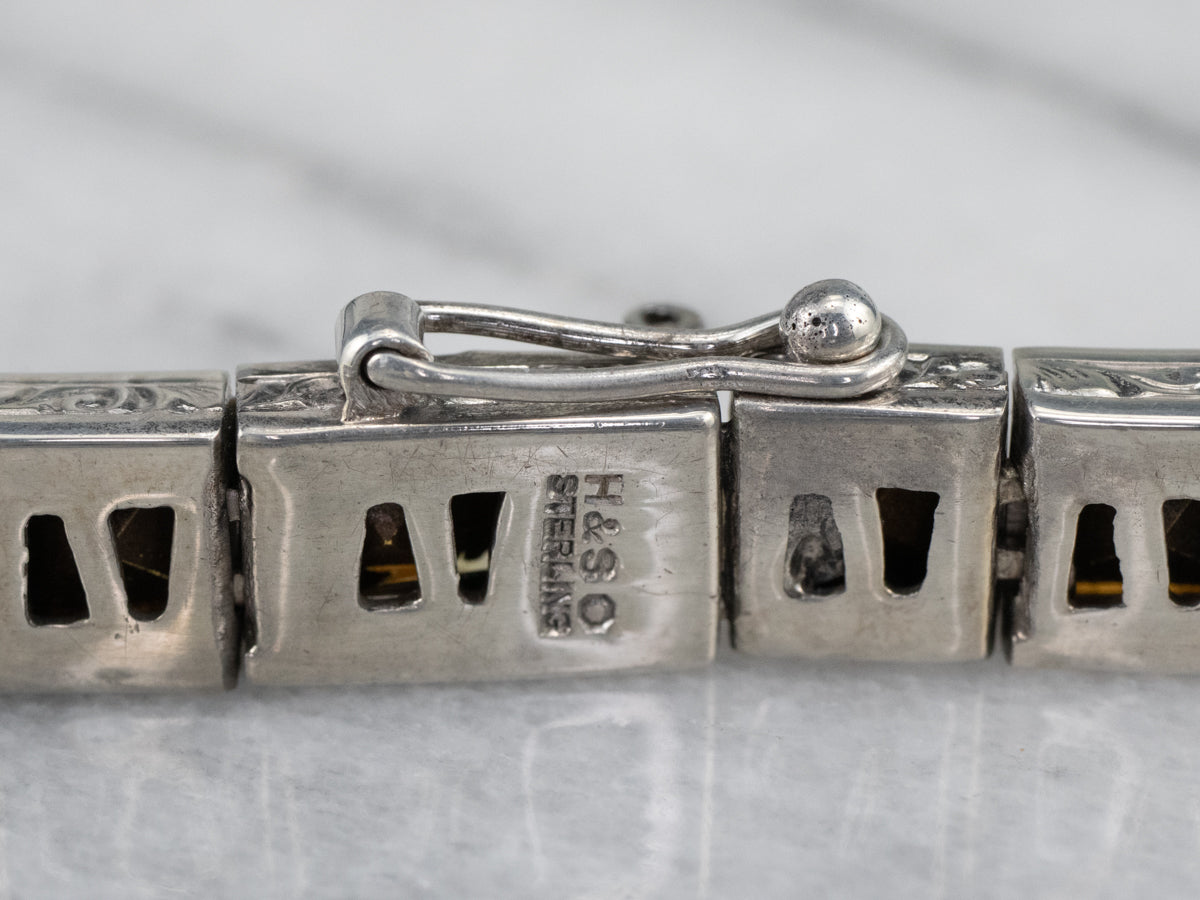 Sterling Silver Antique Faceted Yellow Glass Link Bracelet