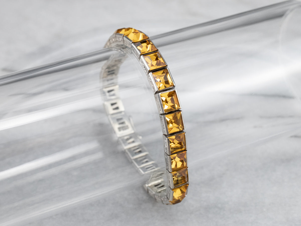 Sterling Silver Antique Faceted Yellow Glass Link Bracelet