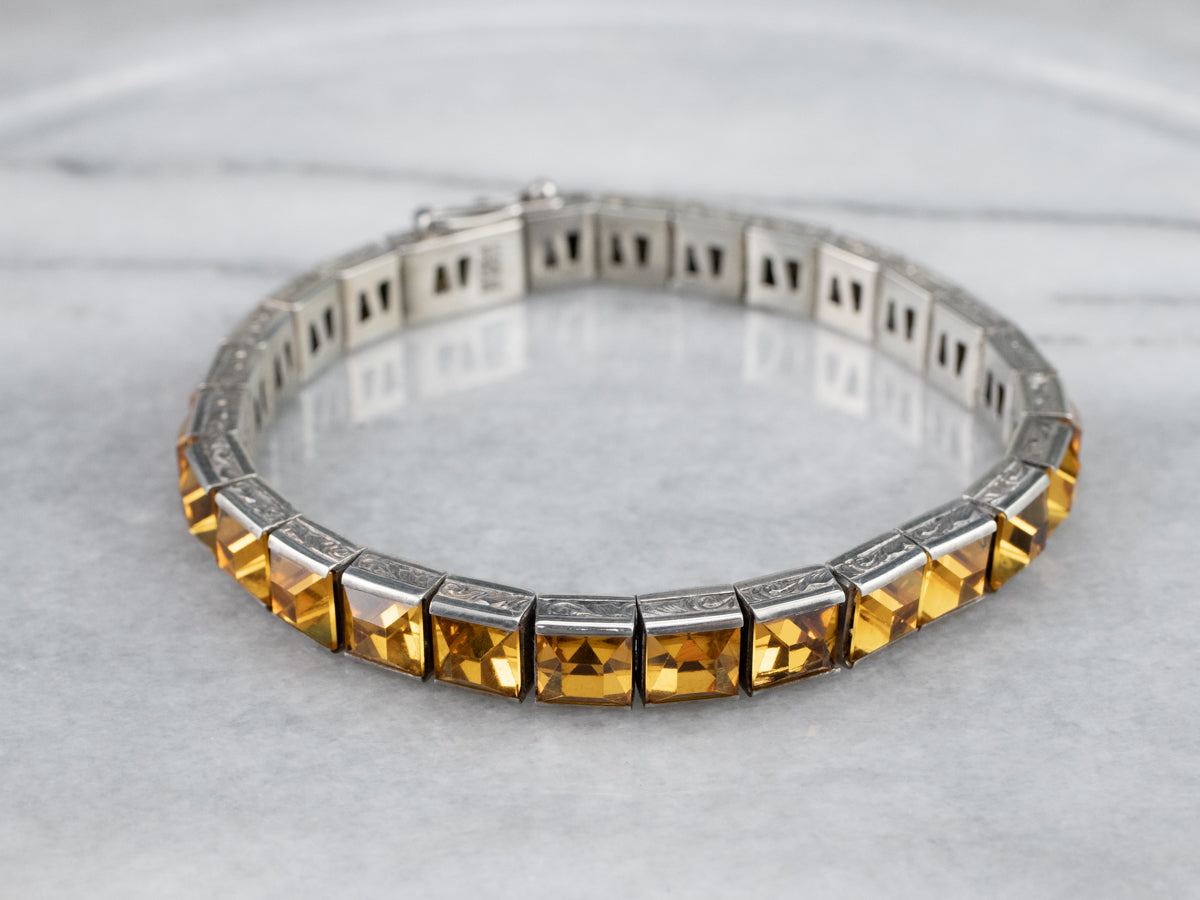 Sterling Silver Antique Faceted Yellow Glass Link Bracelet