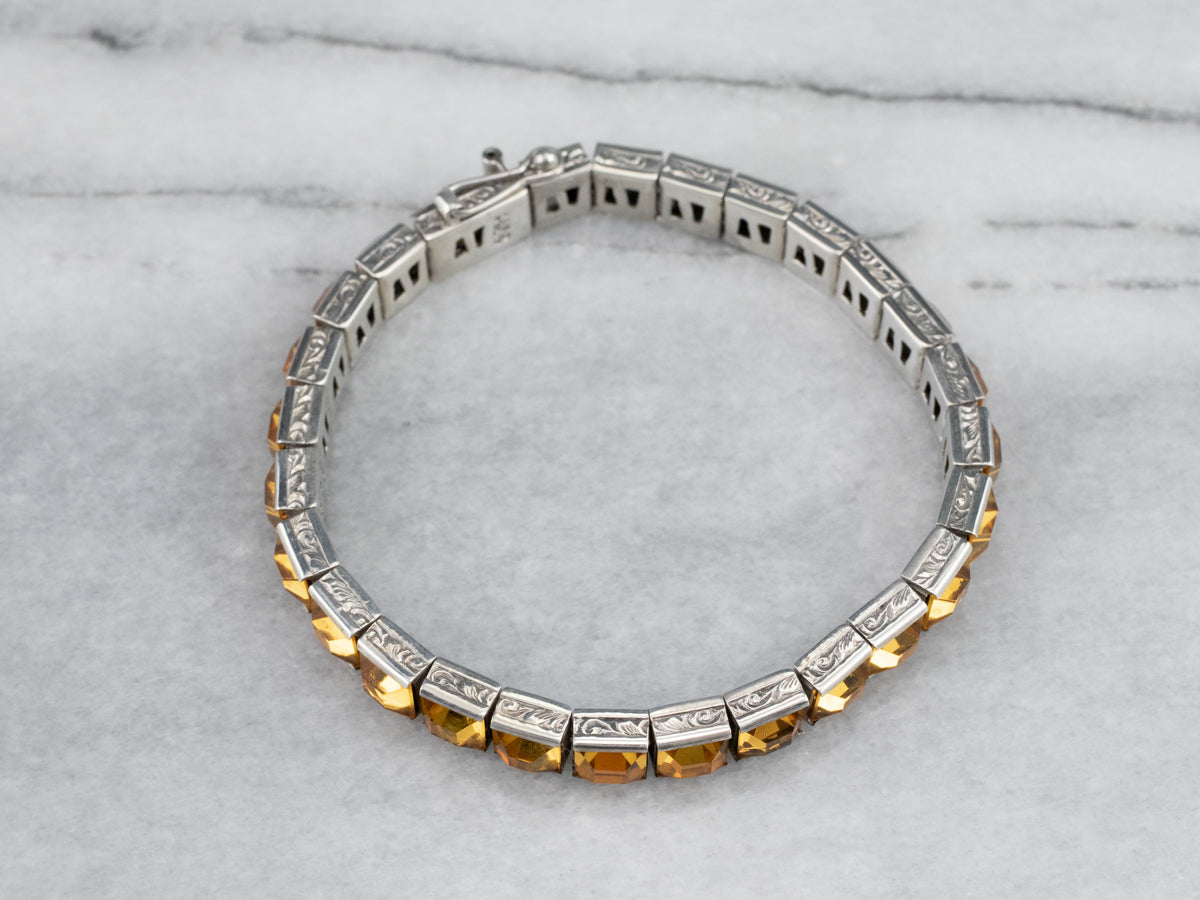Sterling Silver Antique Faceted Yellow Glass Link Bracelet