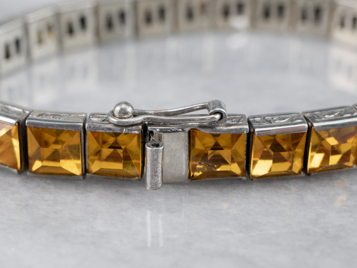 Sterling Silver Antique Faceted Yellow Glass Link Bracelet