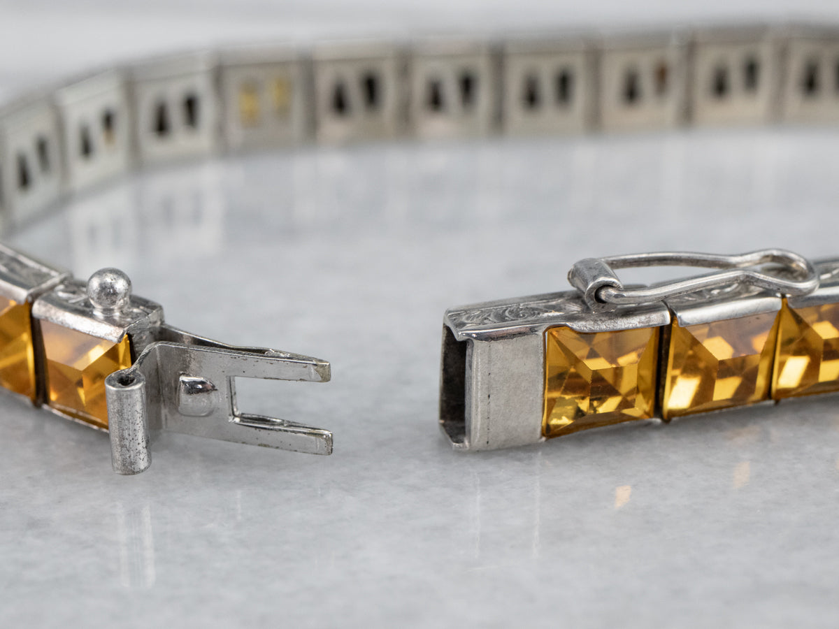 Sterling Silver Antique Faceted Yellow Glass Link Bracelet