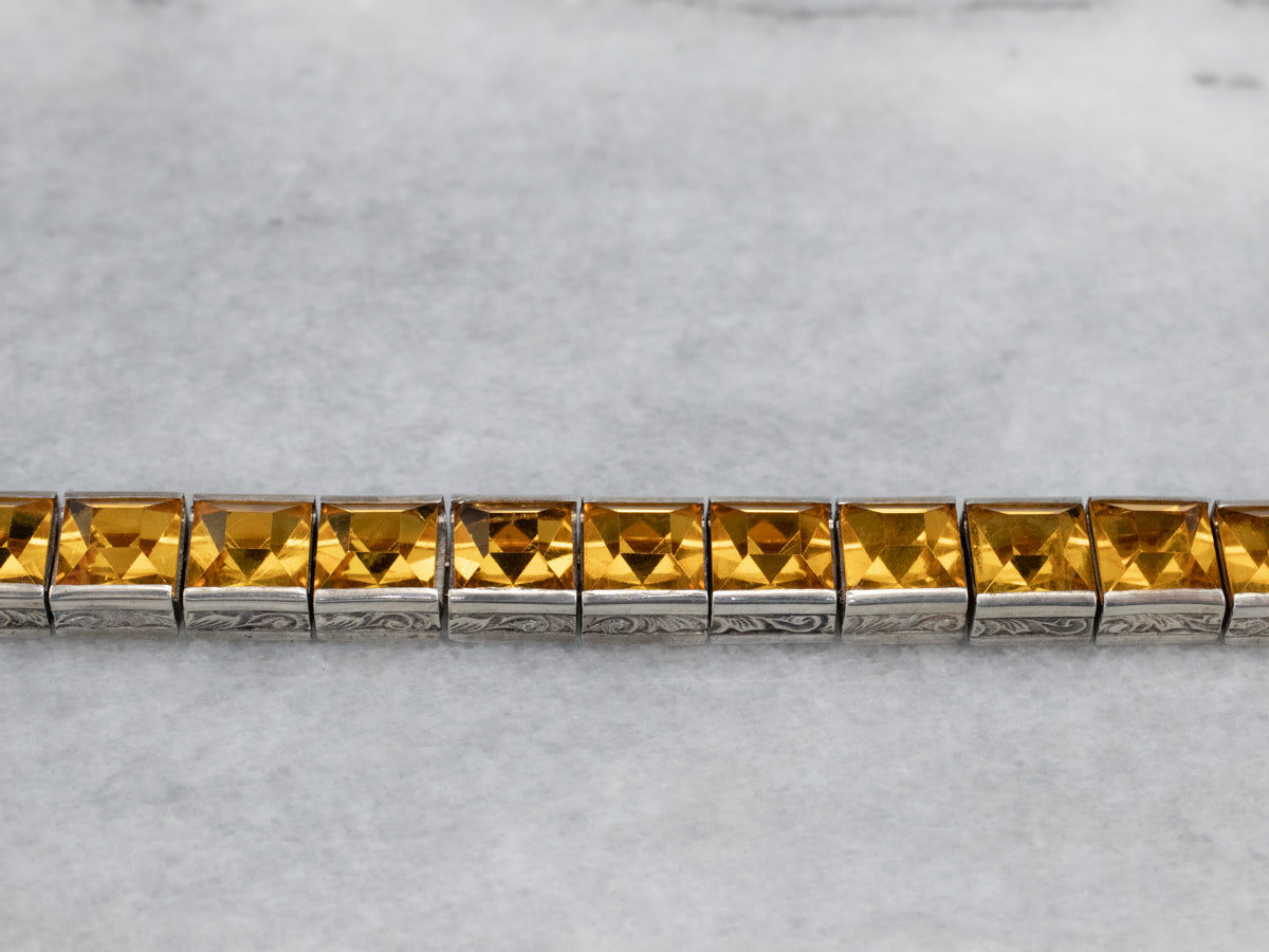 Sterling Silver Antique Faceted Yellow Glass Link Bracelet