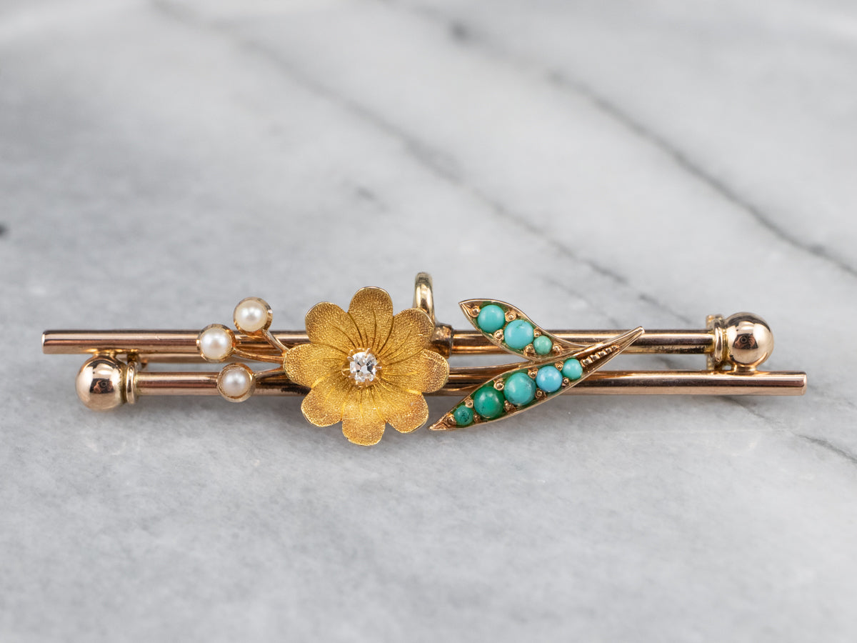 Victorian Diamond Turquoise and Seed Pearl Flower Pin