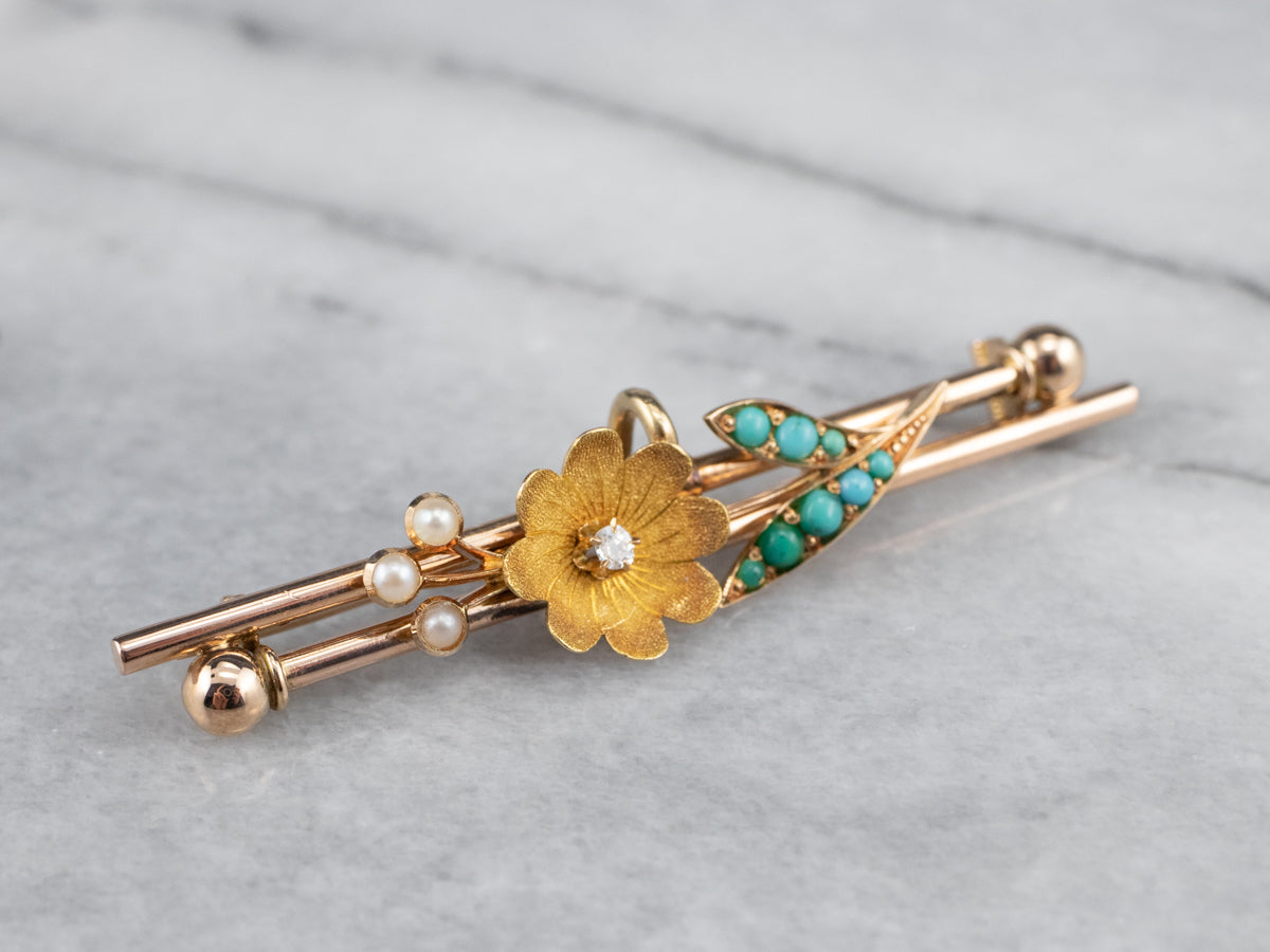 Victorian Diamond Turquoise and Seed Pearl Flower Pin
