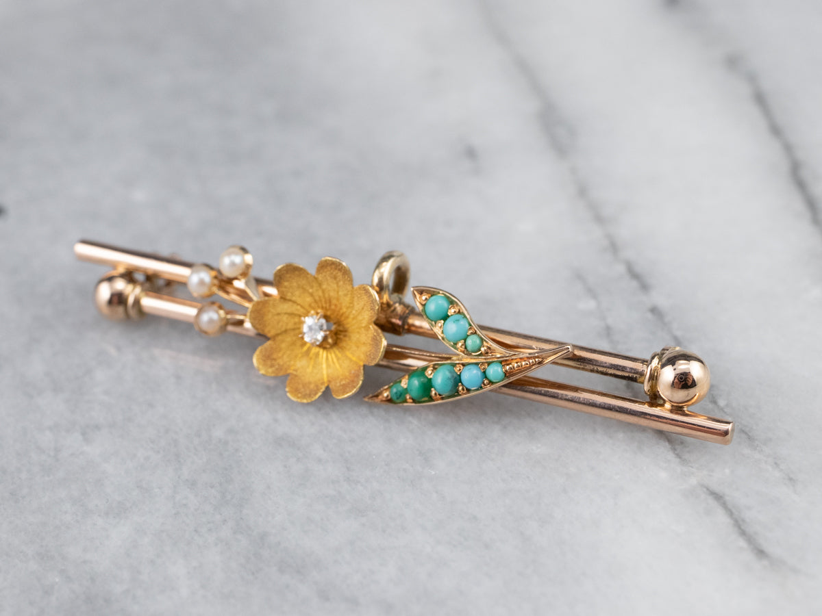 Victorian Diamond Turquoise and Seed Pearl Flower Pin