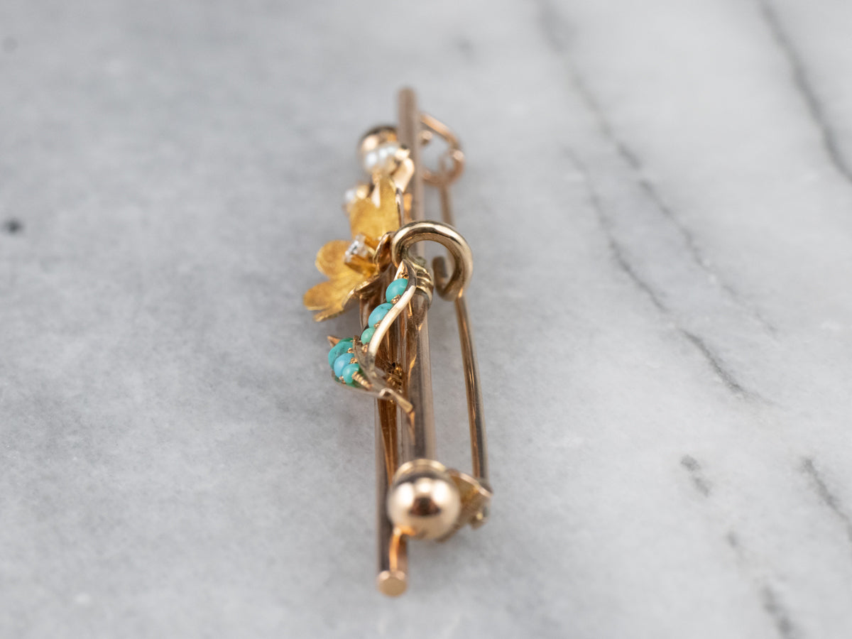 Victorian Diamond Turquoise and Seed Pearl Flower Pin