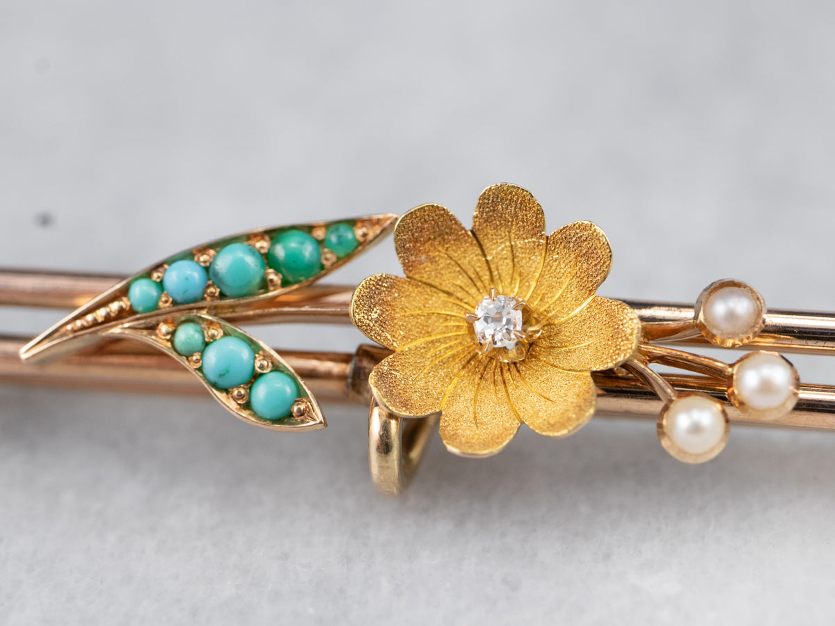 Victorian Diamond Turquoise and Seed Pearl Flower Pin
