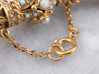 Vintage Turquoise Glass and Pearl Gold Chain Bracelet