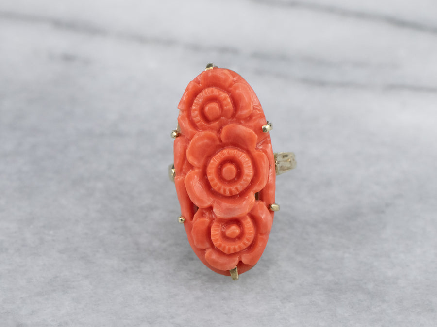 Floral Antique Carved Coral Ring