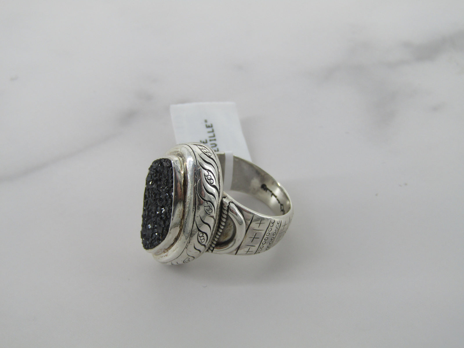Organic Shape Marcasite Ring with Engraved Patterns Surrounding the Band