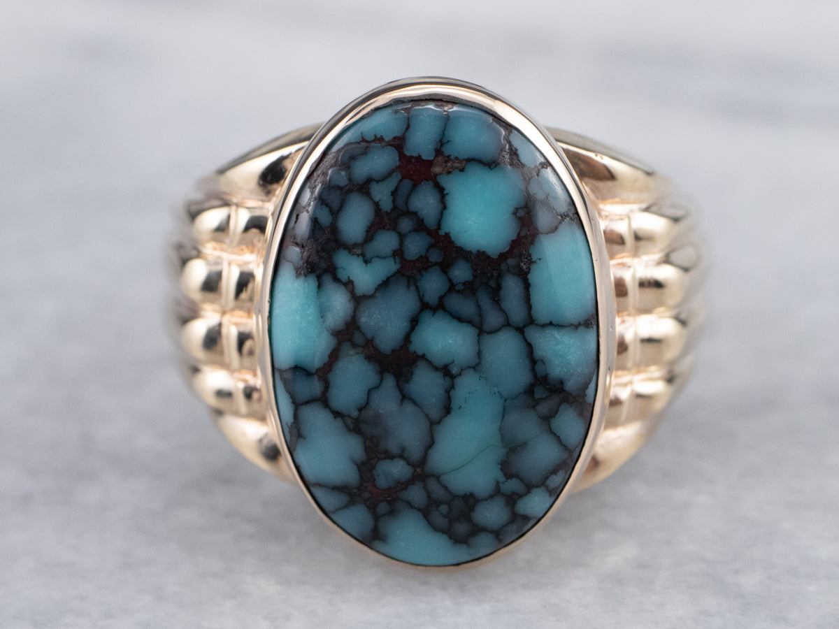Retro 10K Yellow Gold Turquoise Cocktail Ring