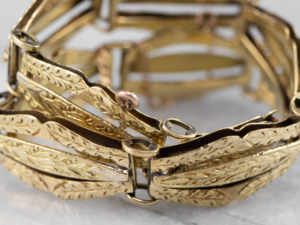 Engraved Antique Gold Panel Link Bracelet