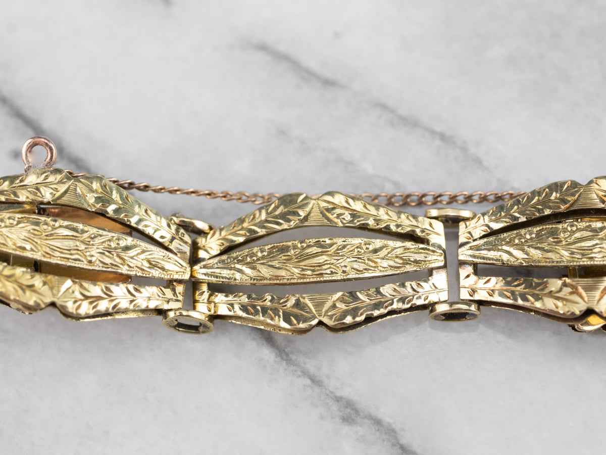 Engraved Antique Gold Panel Link Bracelet