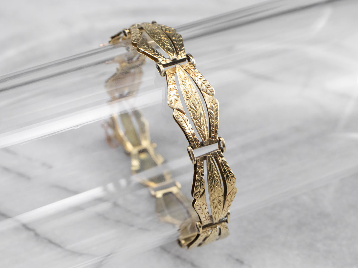 Engraved Antique Gold Panel Link Bracelet