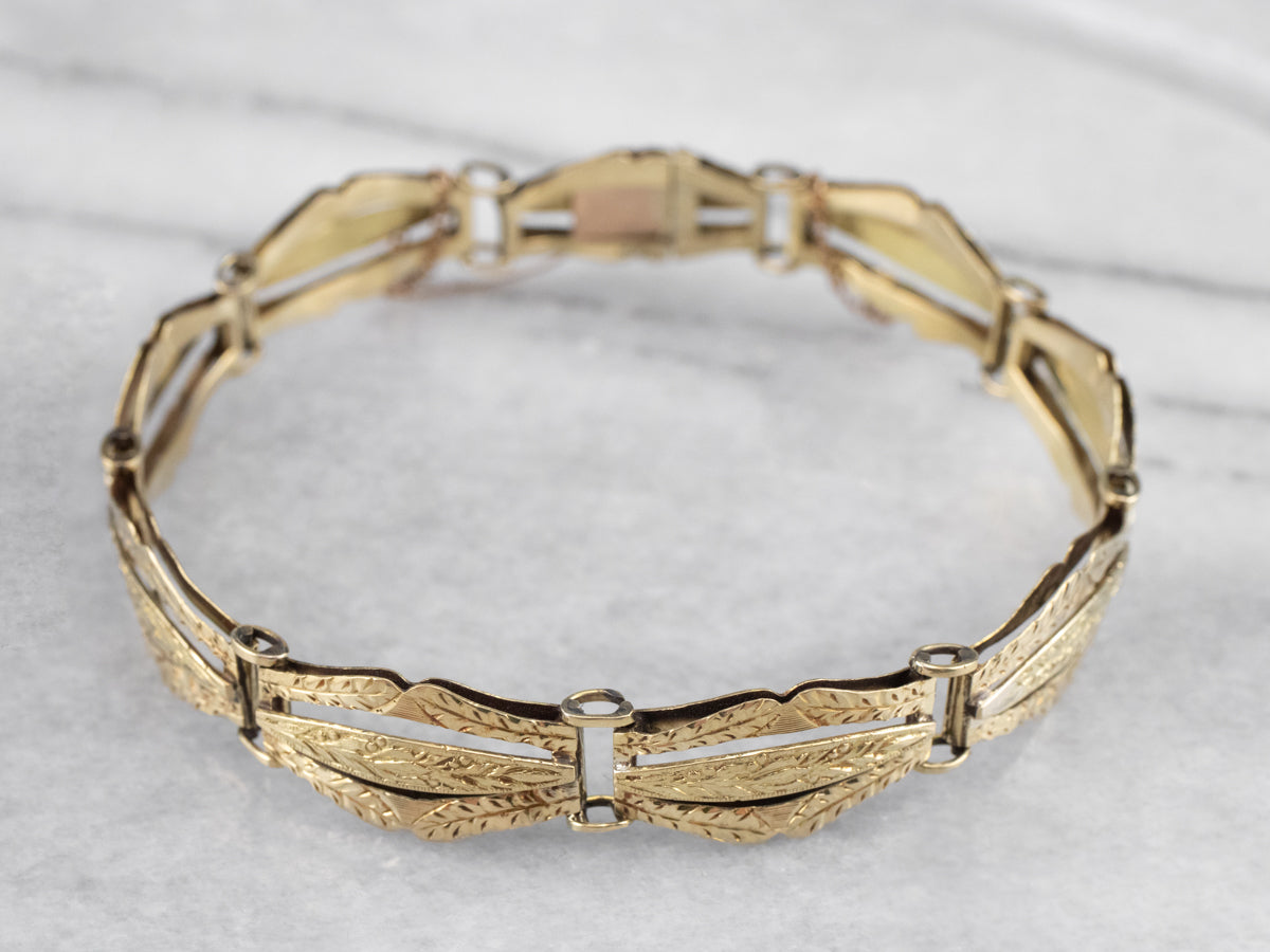 Engraved Antique Gold Panel Link Bracelet