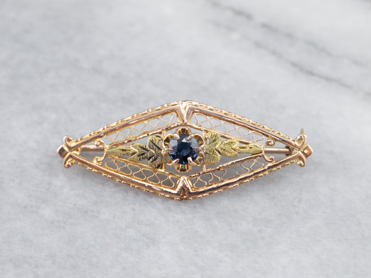 Two Tone Gold Art Nouveau Era Sapphire Pin