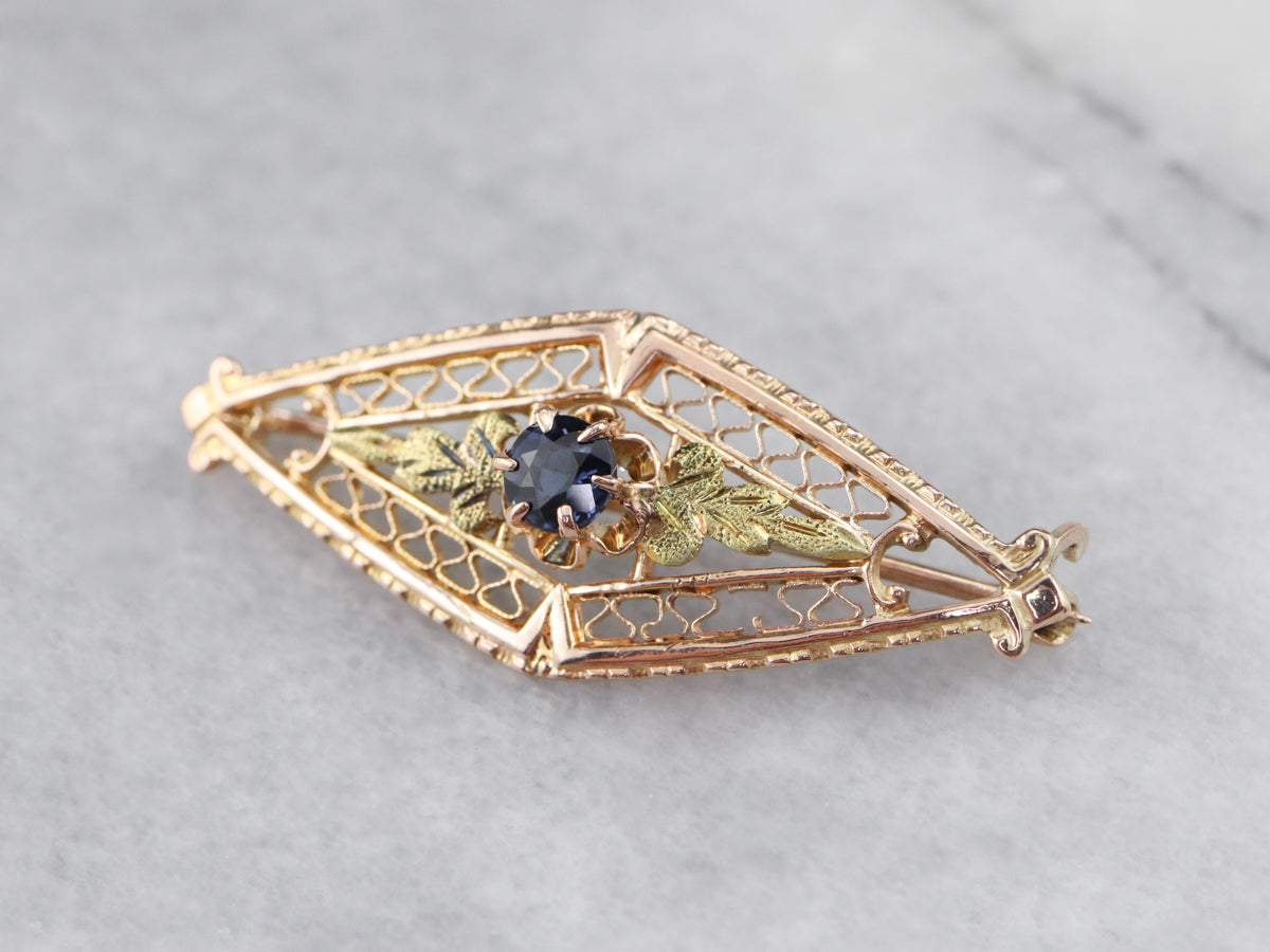 Two Tone Gold Art Nouveau Era Sapphire Pin