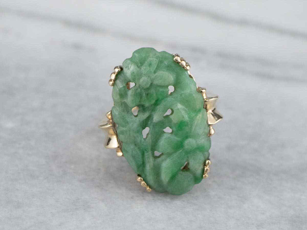 Vintage Carved Flower Jade Cocktail Ring