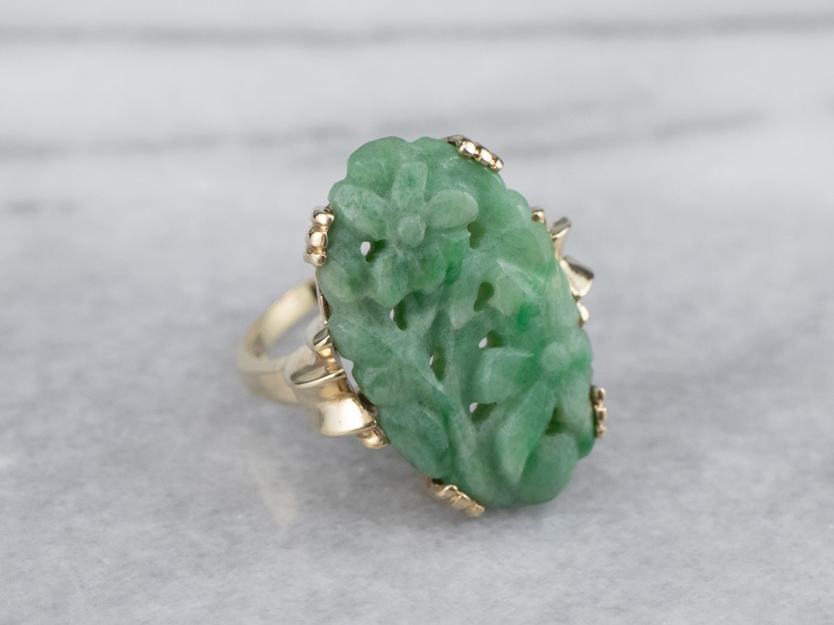 Vintage Carved Flower Jade Cocktail Ring