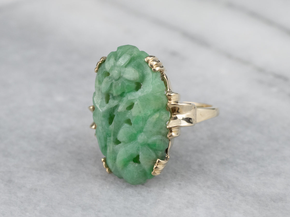 Vintage Carved Flower Jade Cocktail Ring