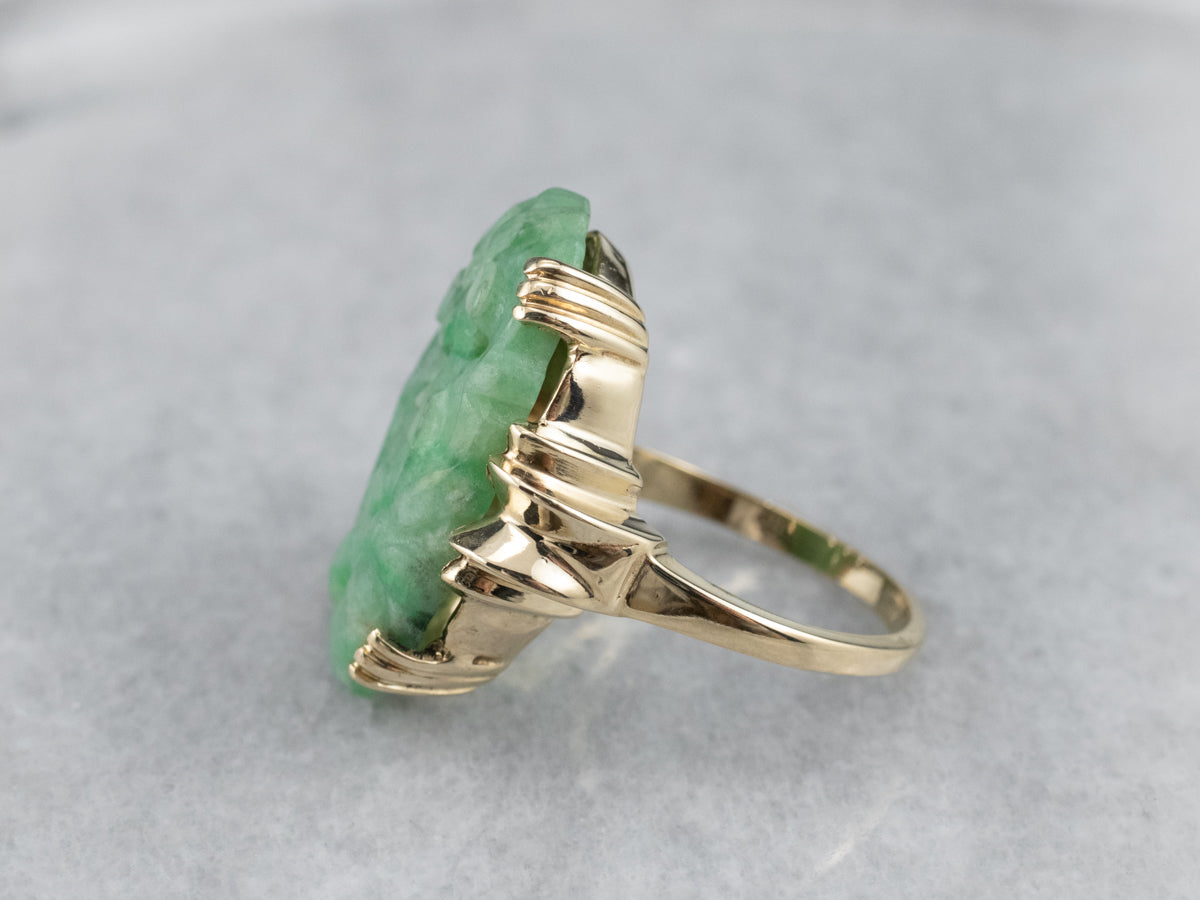 Vintage Carved Flower Jade Cocktail Ring