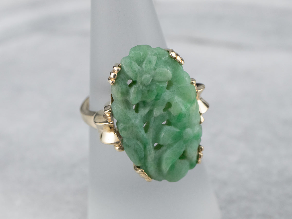 Vintage Carved Flower Jade Cocktail Ring