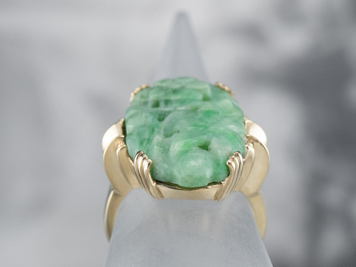 Vintage Carved Flower Jade Cocktail Ring