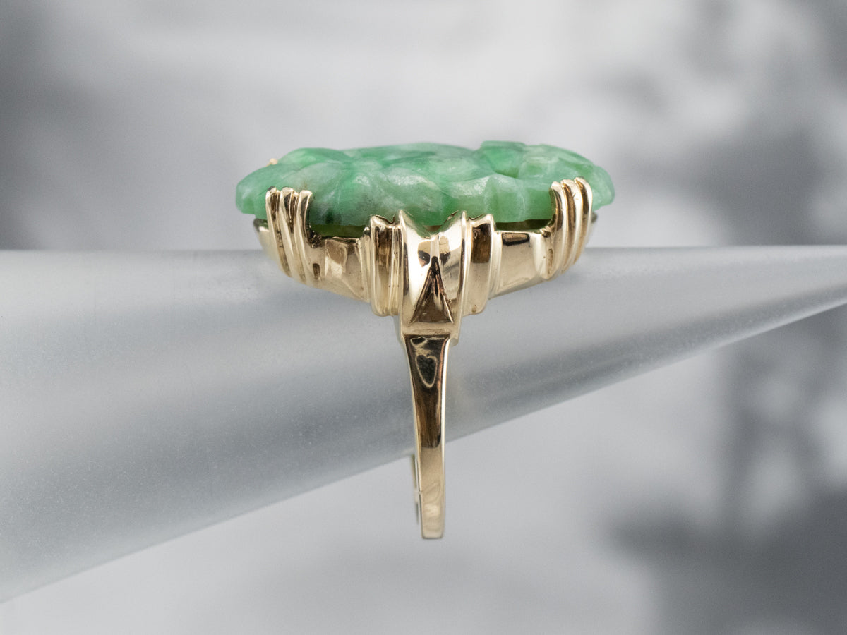 Vintage Carved Flower Jade Cocktail Ring