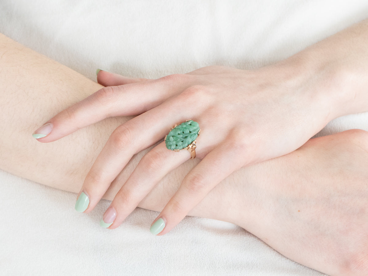 Vintage Carved Flower Jade Cocktail Ring
