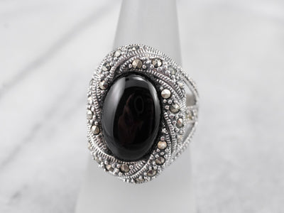 Sterling Black Onyx and Marcasite Statement Ring