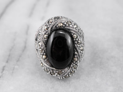 Sterling Black Onyx and Marcasite Statement Ring