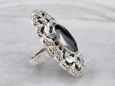 Vintage Black Onyx and Marcasite Cocktail Ring