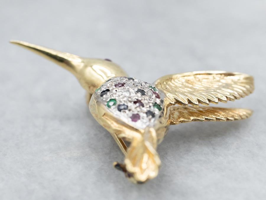 Fine Gemstone and Gold Hummingbird Brooch