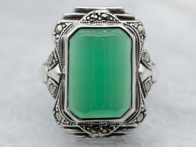 Sterling Silver Green Onyx and Marcasite Art Deco Ring