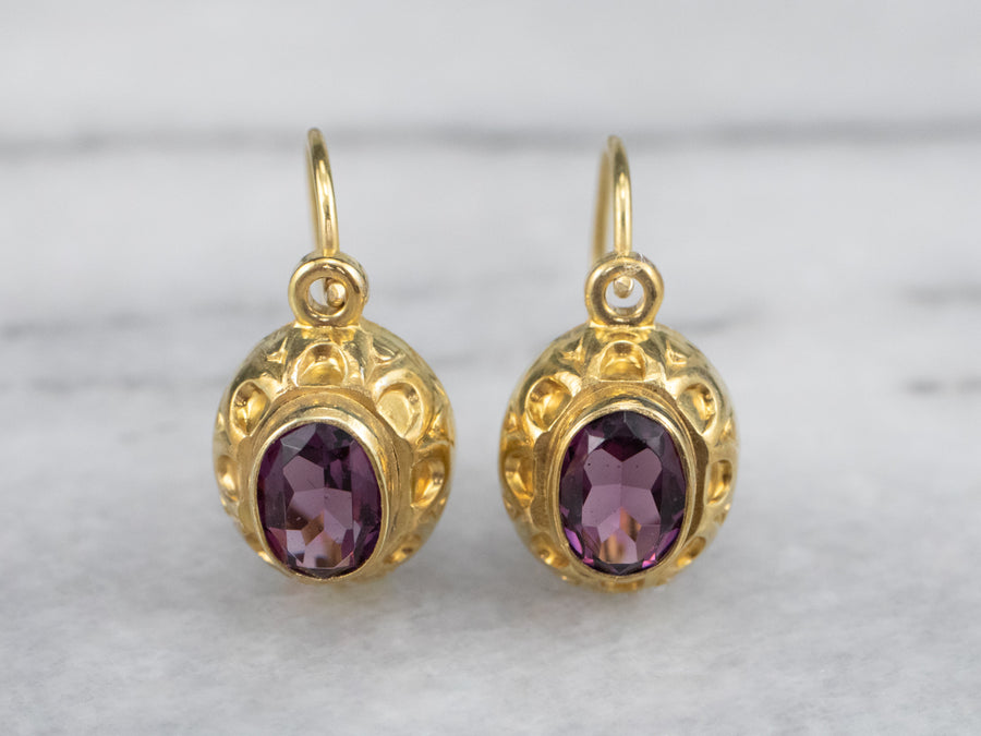 High Karat Gold Purple Glass Drop Earrings
