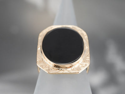 Retro Black Onyx Ring in Engraved Yellow Gold
