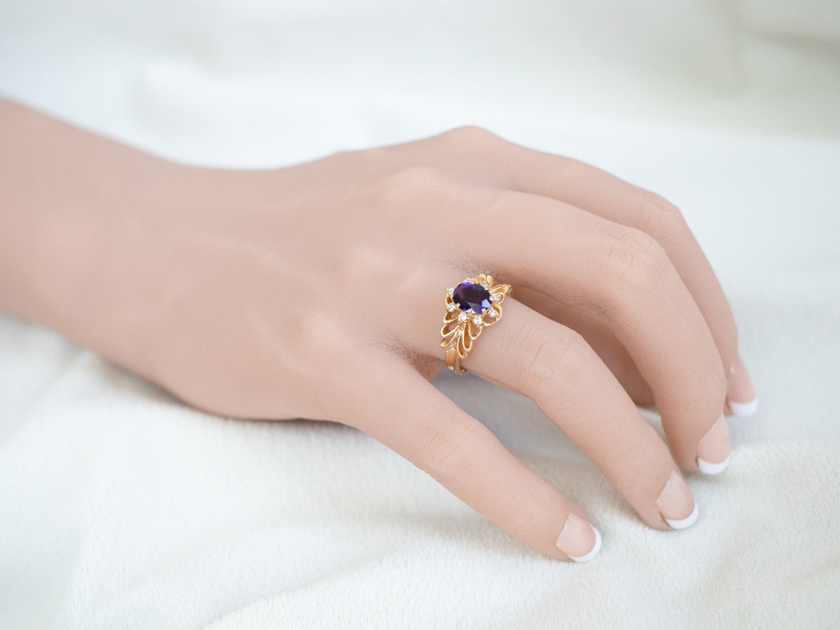 Gold Filigree Amethyst and Diamond Ring