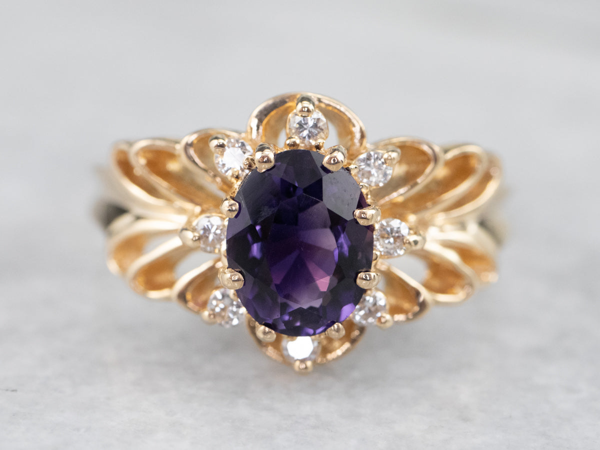 Gold Filigree Amethyst and Diamond Ring