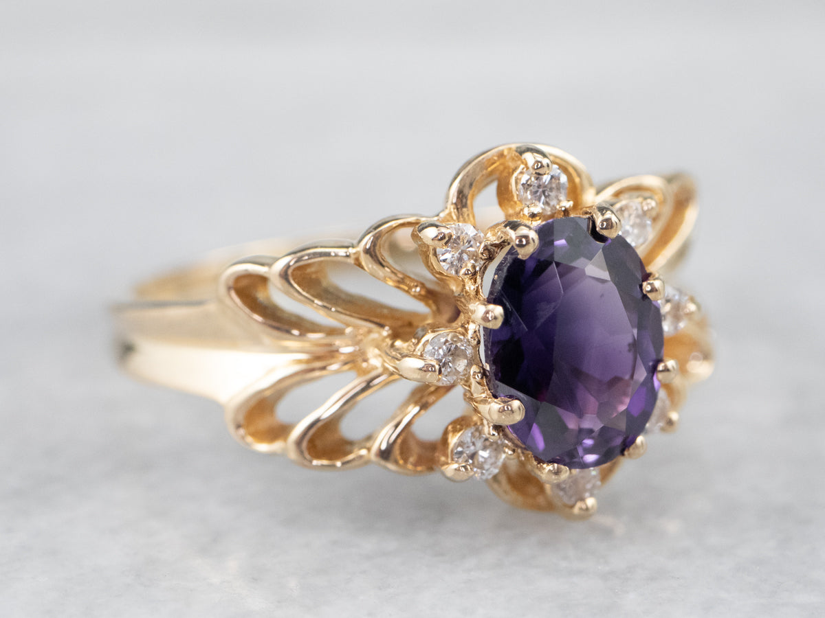 Gold Filigree Amethyst and Diamond Ring